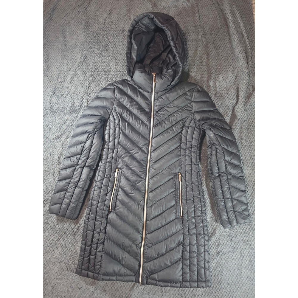 Michael Michael Kors Black Packable Down Puffer Coat Hooded Chevron XS